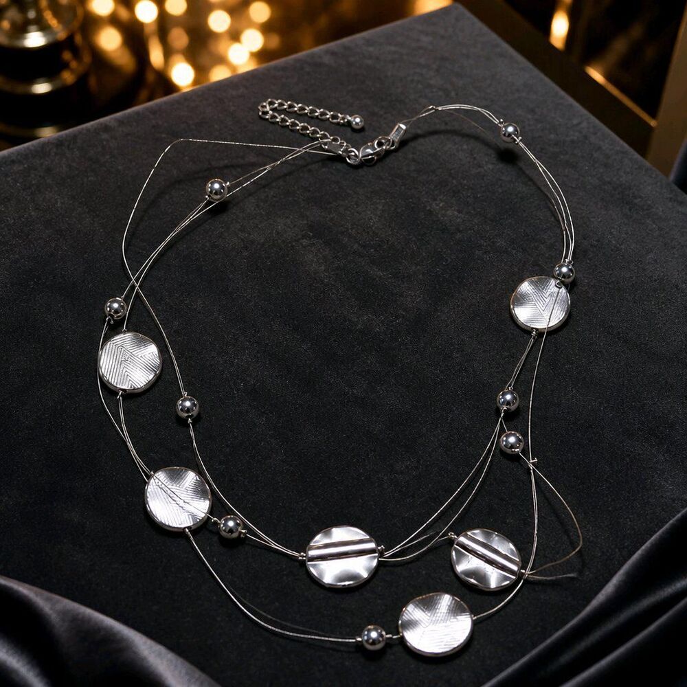 Multi-strand Piano Wire Silver Tone Hammered Discs Choker Collar Necklace